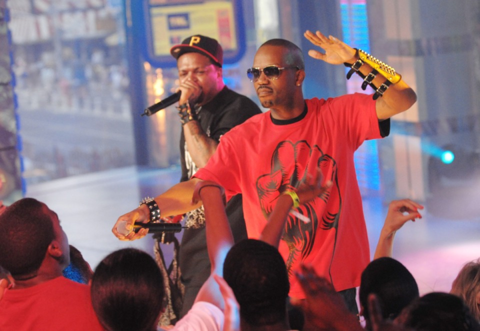 <strong>Three 6 Mafia members perform on MTV's Total Request Live at MTV Studios on Tuesday, July 1, 2008 in New York.&nbsp;The rap group teamed up with the Tennessee Titans in a new music video for their 2011 single &ldquo;Who Run It.&rdquo;</strong> (AP Photo/Evan Agostini)