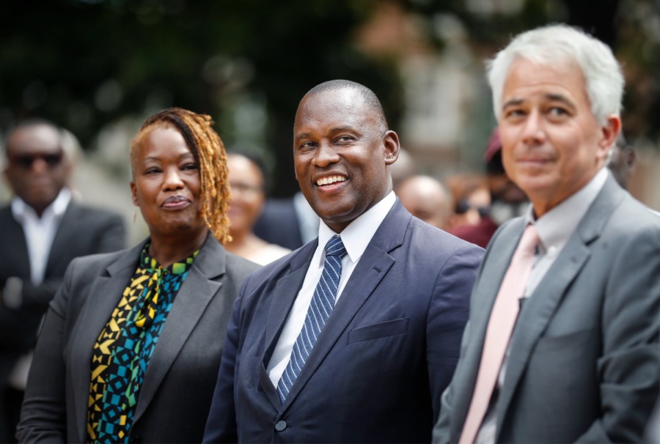 <strong>Former Shelby County Commissioner Van Turner (middle) announced his candidacy for city mayor on Thursday, September 1, 2022 in Health Sciences Park.</strong> (Mark Weber/The Daily Memphian)