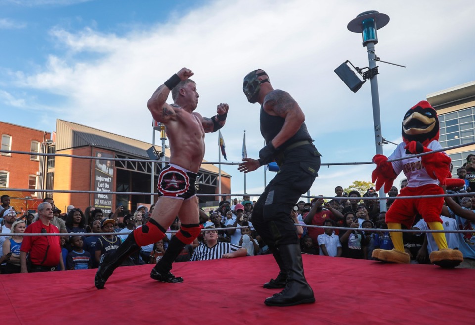 <strong>Wrestlers face off during the 901 Day Grizz Bash held outside of FedExForum on Sept. 1, 2022.</strong> (Patrick Lantrip/Daily Memphian)