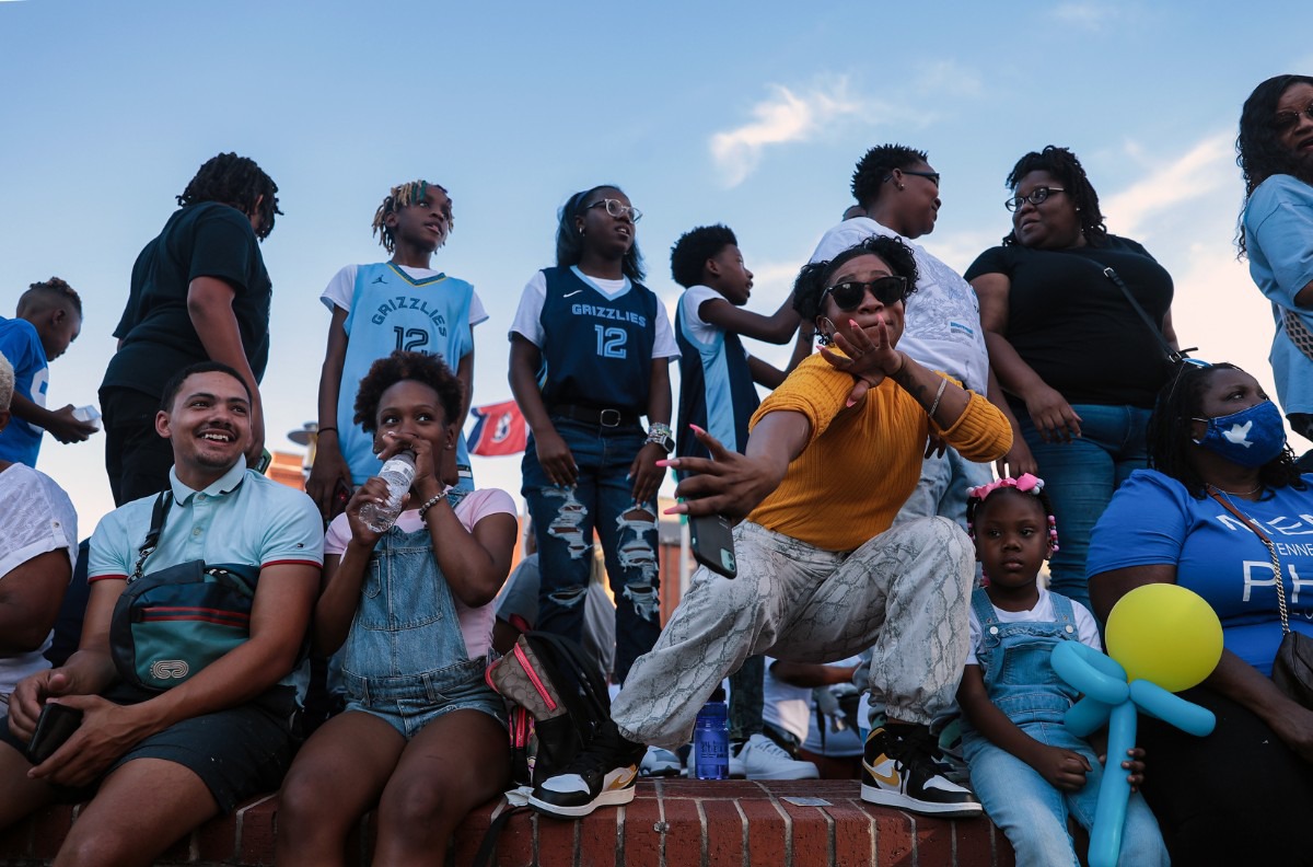 <strong>Tierra Harris does the swag surf dance during the 901 Day Grizz Bash held outside of FedExForum on Sept. 1, 2022.</strong> (Patrick Lantrip/Daily Memphian)