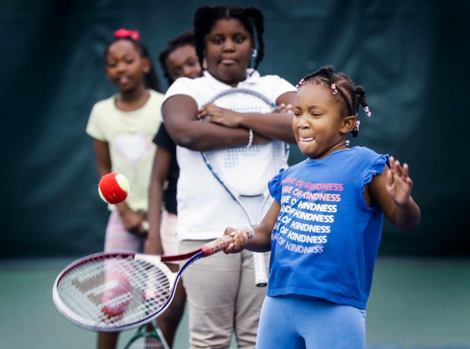 <strong>Sarah Freeman, 6, takes a swing during tennis class offered by Tennis Memphis on Wednesday, Aug. 31, at Bellevue Tennis Center.</strong> (Mark Weber/The Daily Memphian)