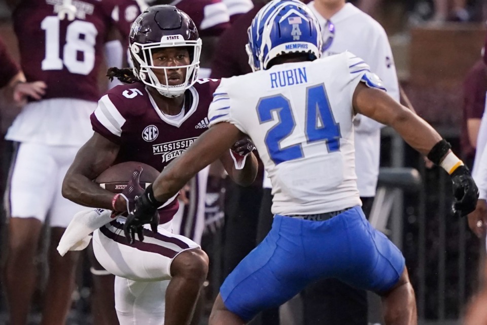 <strong>Memphis defensive back Greg Rubin (24) blocks&nbsp;Mississippi State wide receiver Lideatrick Griffin (5) during the first half of an NCAA college football game in Starkville, Miss., Saturday, Sept. 3, 2022.</strong> (Rogelio V. Solis/AP)