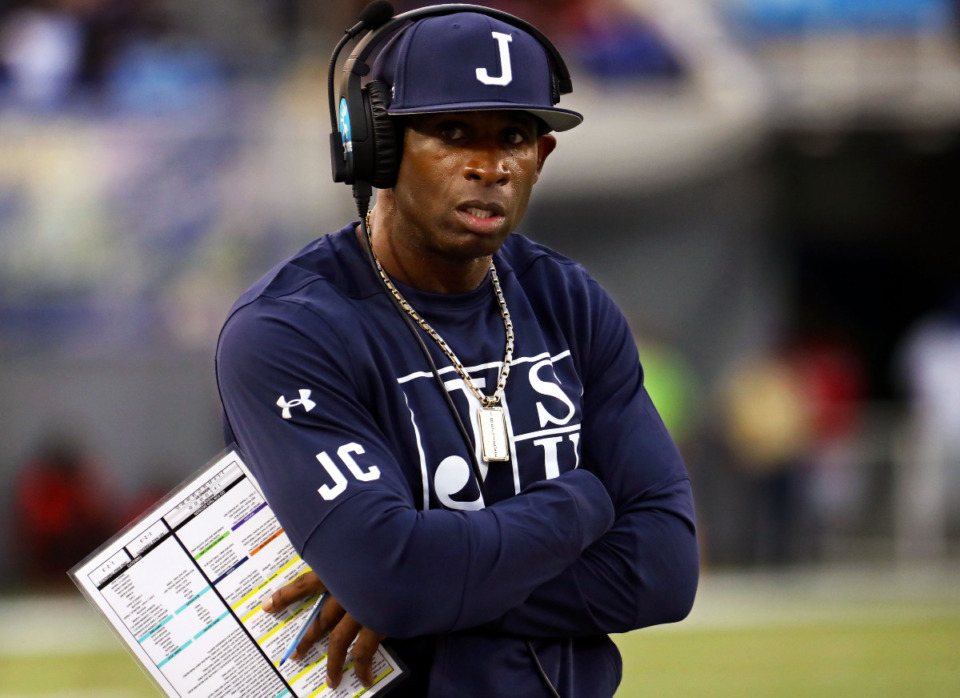 <strong>Jackson State head coach Deion Sanders watches from the sidelines of the Southern Heritage Classic in Memphis, Tennessee Sept. 11, 2021.</strong> (Patrick Lantrip/Daily Memphian)