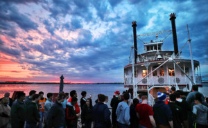 <strong>Folks wait to board a dinner cruise on the Memphis Queen III on March 29, 2019. The two-decked sternwheeler is part of the Memphis Riverboats Inc. fleet, which has been conducting tours on the Mississippi since the 1960s.</strong><span>&nbsp;(Jim Weber/Daily Memphian)</span>