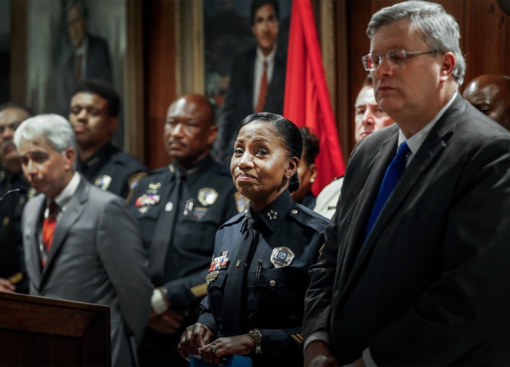 <strong>Memphis Police Director Cerelyn "C.J." Davis (middle) speaks at the midnight press conference on Thursday, Sept. 8, 2022, following the shooting spree.</strong> (Mark Weber/The Daily Memphian)