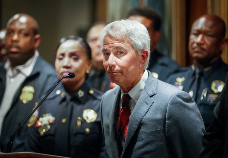 <strong>Shelby County District Attorney Steve Mulroy (middle) answers media questions during the press conference early on Thursday morning, Sept. 8, 2022.&nbsp;</strong>(Mark Weber/The Daily Memphian)