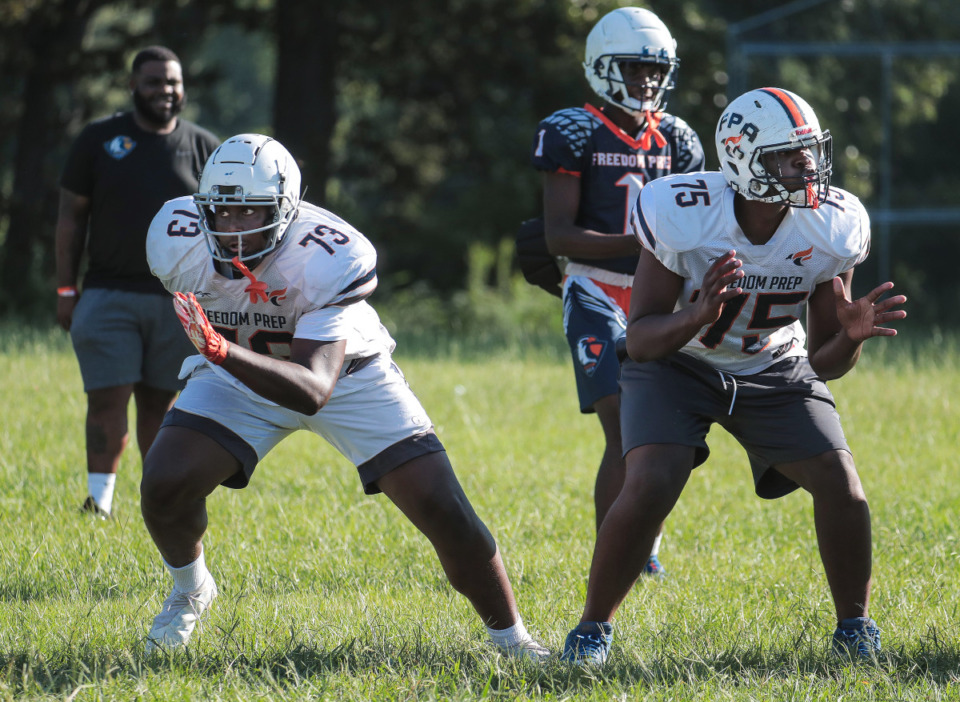 <strong>Freedom Prep offensive lineman Martez Curry (73) looks for a block. Freedom Prep debuted in the Class 2A rankings this week, checking in at No. 7.</strong> (Patrick Lantrip/The Daily Memphian)