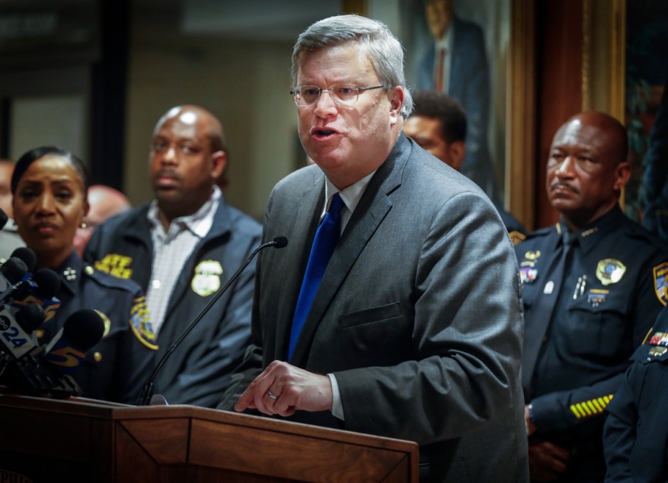 <strong>Memphis Mayor Jim Strickland gives an angry statement during the midnight press conference about the shooting spree on Thursday, Sept. 8, 2022.</strong> (Mark Weber/The Daily Memphian file)