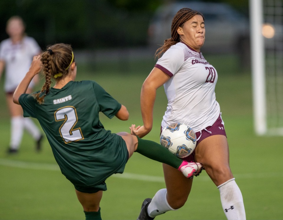 <strong>Collierville defender Brooke Woods deflects the ball from Briarcrest's Ashley Wood at Briarcrest Christian School on Thursday, Sept. 8, 2022.</strong> (Greg Campbell/Special to The Daily Memphian)