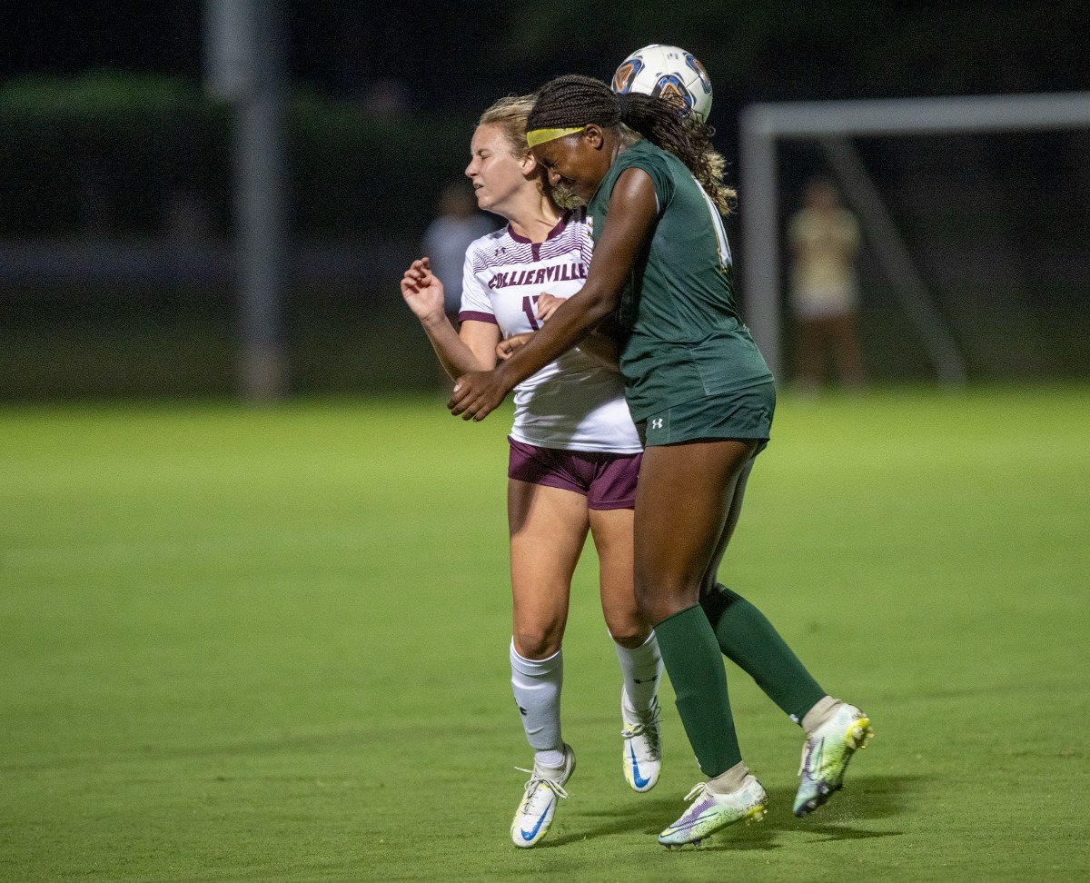 <strong>Another header is contested at Briarcrest Christian School on Thursday, Sept. 8, 2022, as the Saints battle Collierville.</strong> (Greg Campbell/Special to The Daily Memphian)