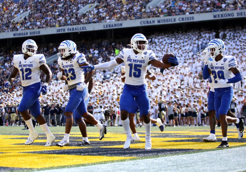 <strong>Memphis Tigers defensive back Quindell Johnson (15) celebrates after making a play during an NCAA football game against the Navy Midshipmen on Saturday, Sept. 10, 2022, in Annapolis, Md.</strong> (Daniel Kucin Jr./AP)
