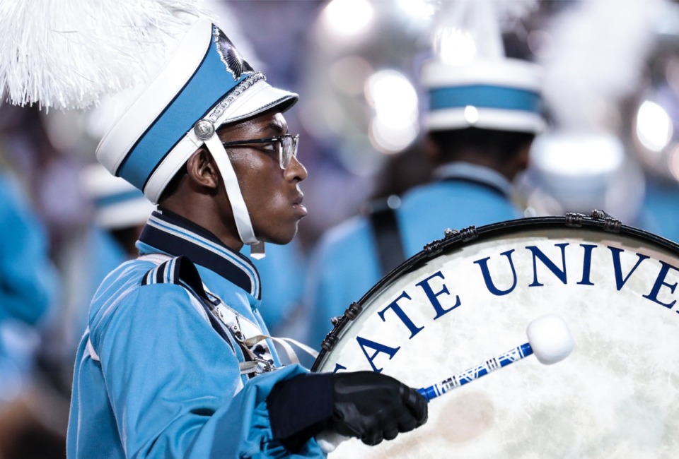 <strong>Members of the Jackson State University band perform Saturday in the halftime show of the Southern Heritage Classic at Simmons Bank Liberty Stadium.</strong> (Patrick Lantrip/The Daily Memphian)