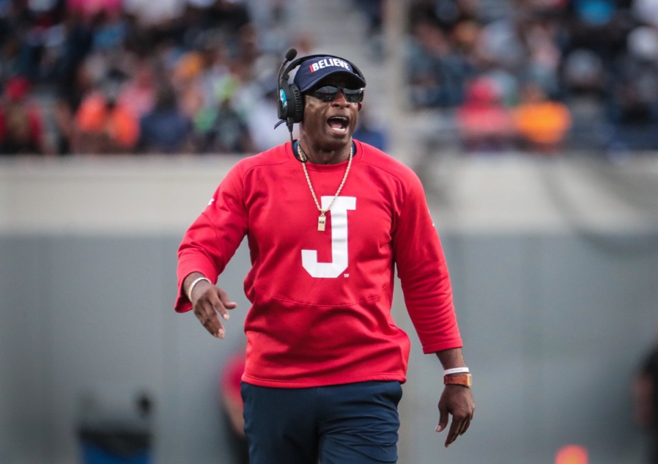 <strong>Jackson State University coach Deion Sanders gets his team's attention Saturday during the Southern Heritage Classic against Tennessee State University at Simmons Bank Liberty Stadium.</strong> (Patrick Lantrip/The Daily Memphian)