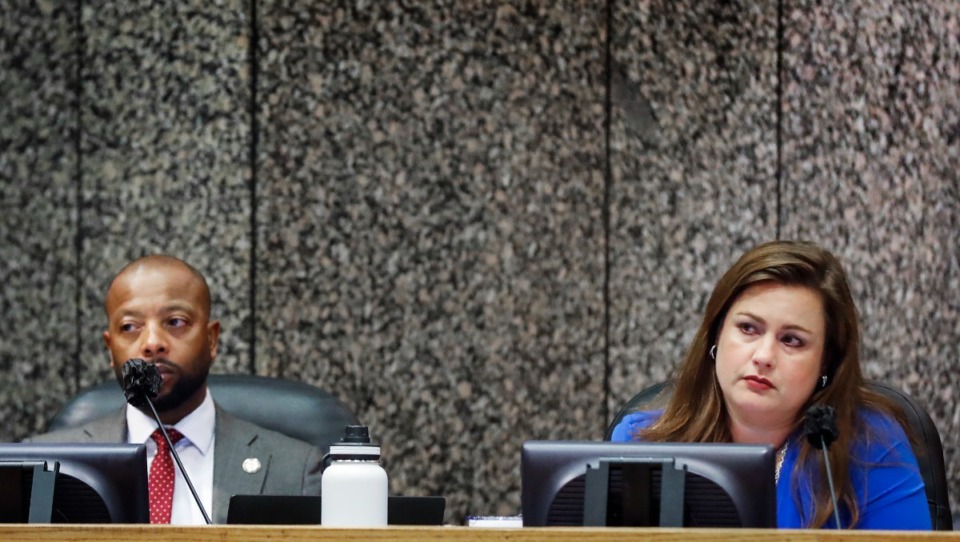 <strong>Mickell Lowery (left) and Amber Mills (at a committee meeting on Wednesday, Aug. 3, 2022) are among the seven returning commissioners. Others are David Bradford, Edmund Ford Jr., Brandon Morrison, Michael Whaley and Mick Wright.</strong> (Mark Weber/The Daily Memphian)