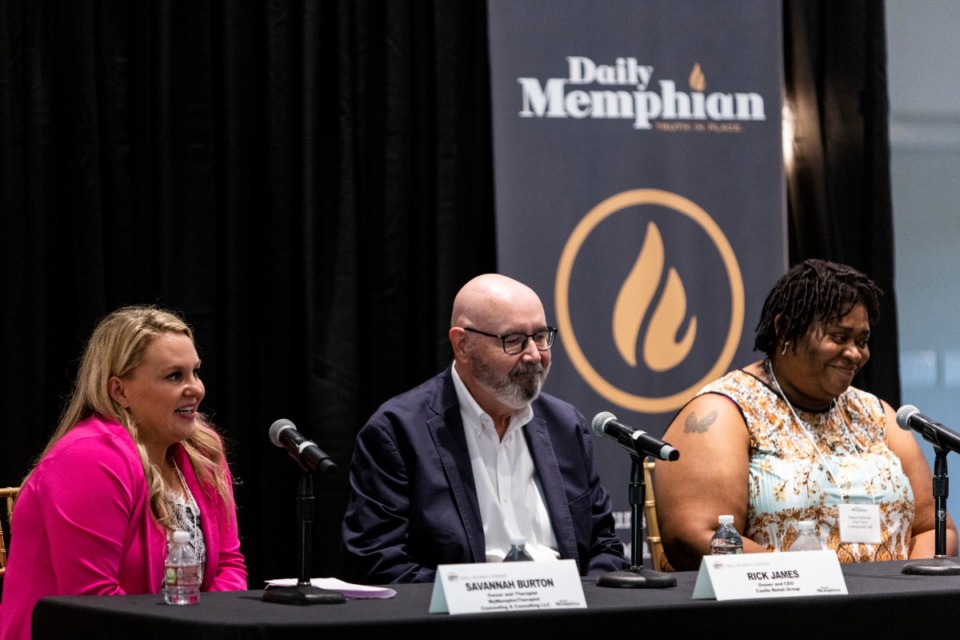 <strong>Savannah Burton (left), Rick James and Tamra Patterson answer audience members&rsquo; questions during the small business seminar Thursday, Sept. 8, 2022 at Memphis Botanic Garden.</strong> (Brad Vest/Special to The Daily Memphian)