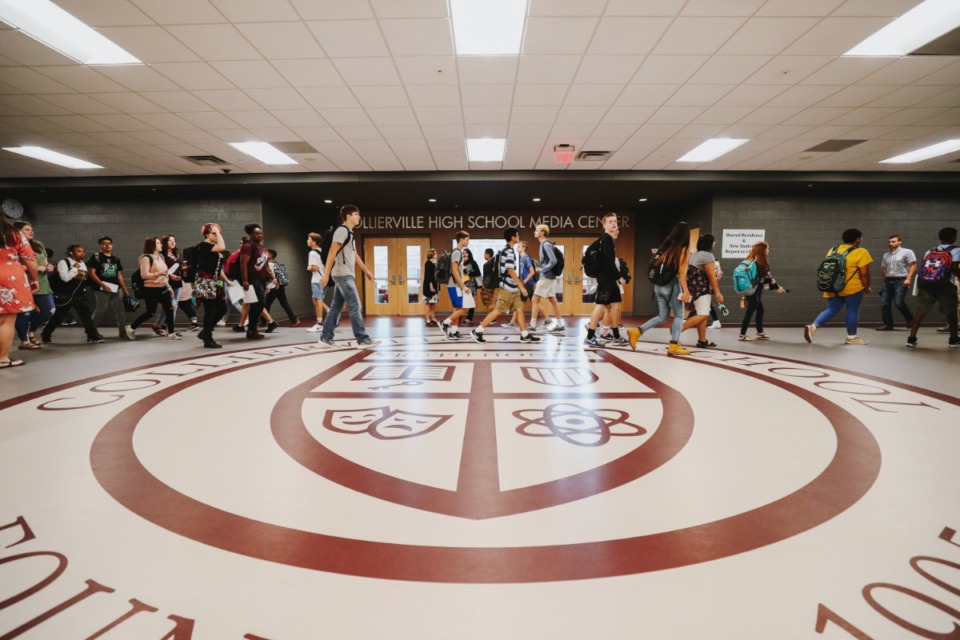 <strong>Students flood the halls of the new Collierville High School on its first day of school in 2018.</strong> (Houston Cofield/The Daily Memphian file)