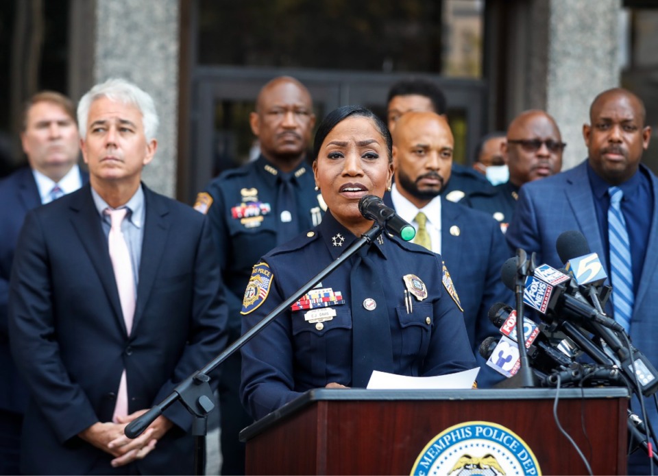 <strong>Memphis Police Department Director Cerelyn "C.J." Davis (middle) led a joint press conference discussing the case of Cleotha Abston, on Tuesday, Sept. 6, 2022.</strong> (Mark Weber/The Daily Memphian)