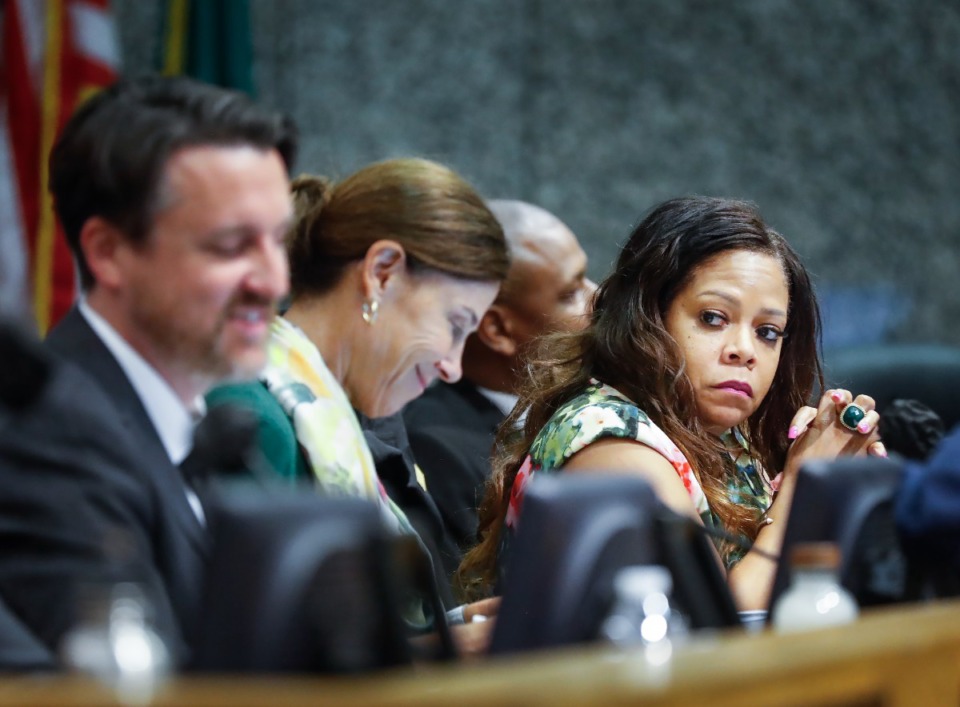 <strong>Shelby County Commissioner Shante Avant (right) attends the Monday, Sept. 12, 2022, meeting.</strong> (Mark Weber/The Daily Memphian)