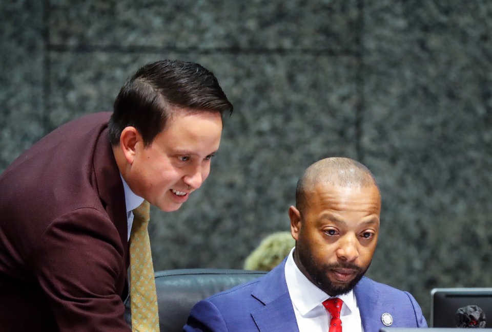 <strong>Shelby County Commissioners Michael Whaley (left) and Mickell Lowery (right) attend the Monday, Sept. 12, 2022, meeting.</strong> (Mark Weber/The Daily Memphian)