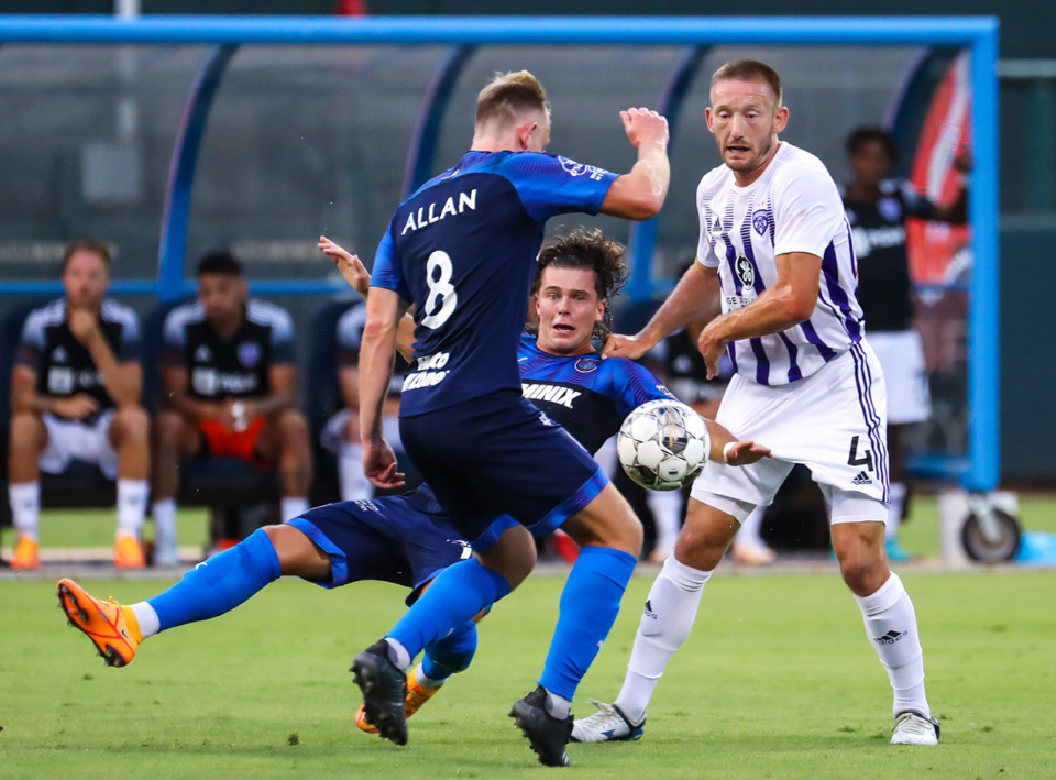 <strong>Memphis 901 FC forward Phillip Goodrum (falling) had a hat trick last game and helped Memphis secure a playoff berth.</strong> (Patrick Lantrip/Daily Memphian file)