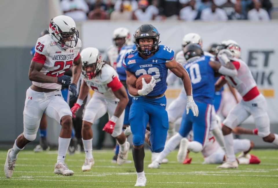<strong>Tennessee State University Jalen Rouse (22) rushes the ball during the Southern Heritage Classic against Jackson State University, Sept. 10, 2022 at Simmons Bank Liberty Bowl.</strong> (Patrick Lantrip/Daily Memphian)