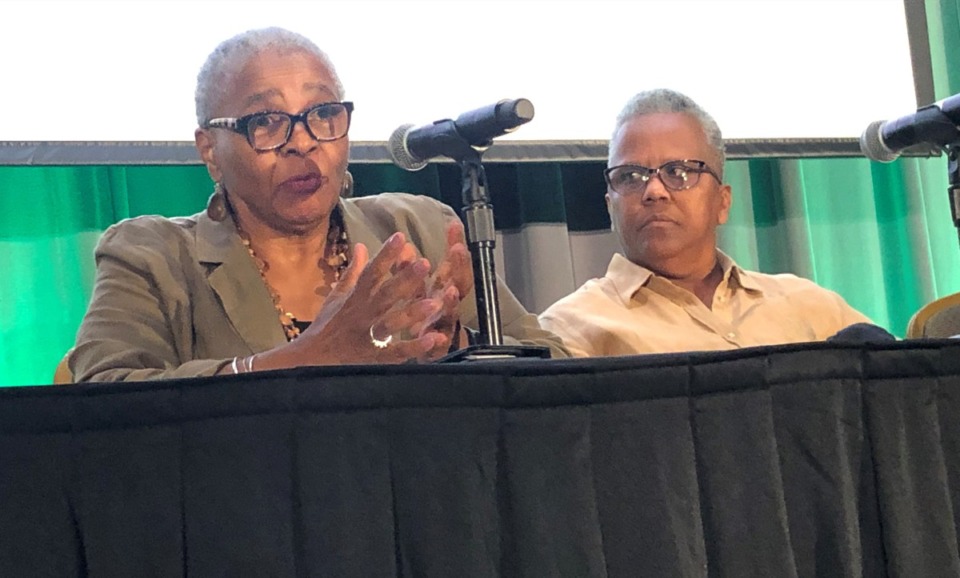 <strong>Dr. Altha Stewart of UTHSC and Mary Hamlett, MIFA vice president of family programs, appear at the MIFA panel on Sept. 15, 2022.</strong> (Jane Roberts/The Daily Memphian)