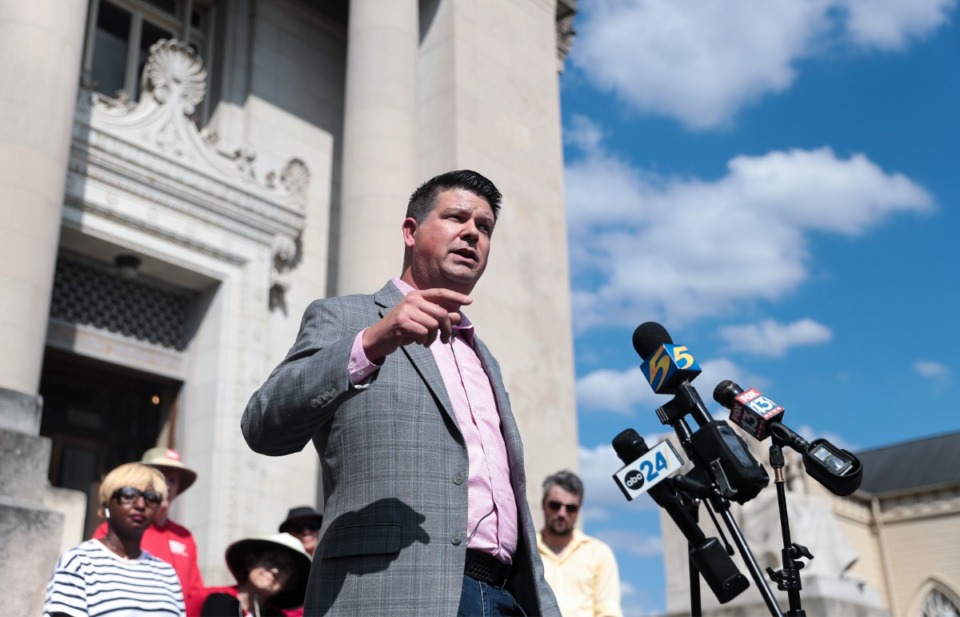 <strong>Dr. Jason Martin, the Democratic nominee in the Tennessee gubernatorial race, speaks at press conference outside of the D'Army Bailey Shelby County Courthouse Sept. 15, 2022.</strong> (Patrick Lantrip/Daily Memphian)