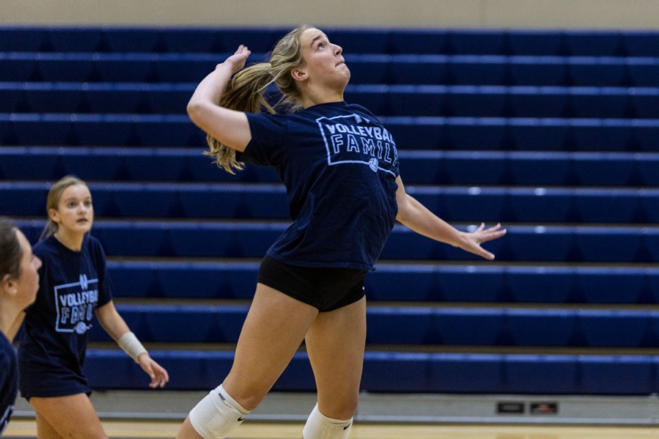 <strong>Volleyball standout Quinn Thurman goes up for a shot during volleyball practice at Northpoint High School on Sept. 12, 2022.</strong> (Brad Vest/Special to The Daily Memphian)