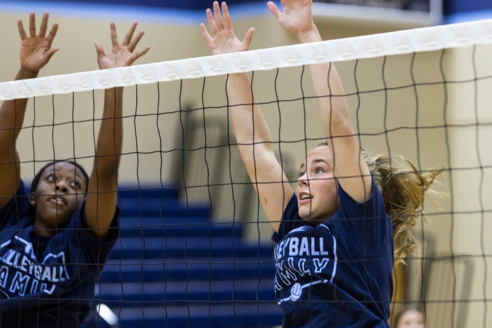<strong>Volleyball standout Hassie Clare Thurman (right) guards the net during volleyball practice at Northpoint High School on Sept. 12, 2022.</strong> (Brad Vest/Special to The Daily Memphian)