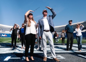 <strong>Guests watch a promotional video on the stadium screen while touring the Simmons Bank Liberty Stadium Firday, Sept. 16, 2022.</strong> (Patrick Lantrip/The Daily Memphian)
