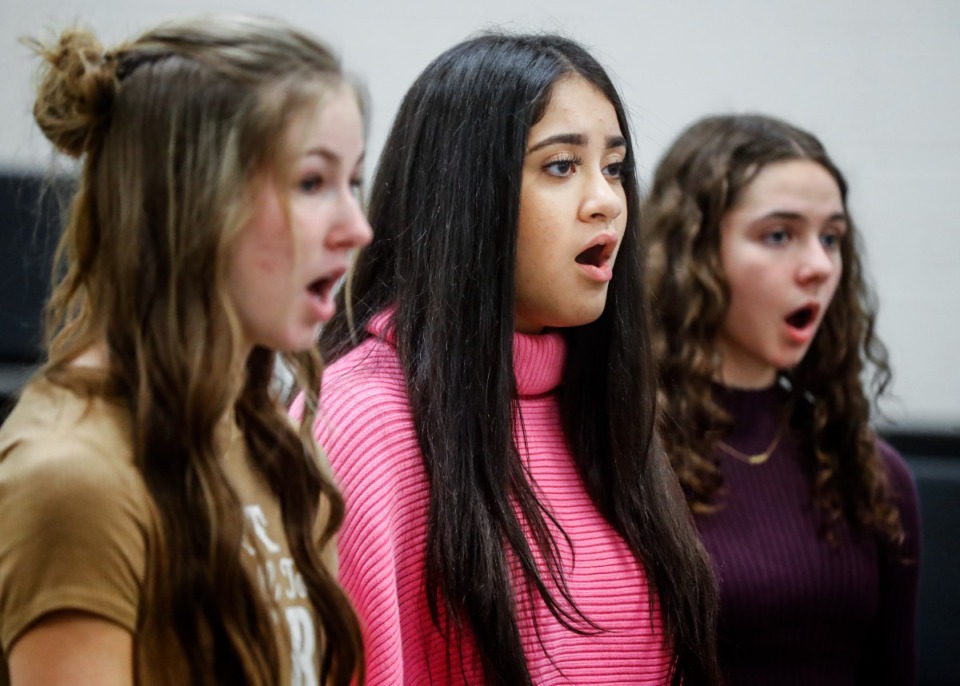 <strong>Arlington High student Priya Vani, (middle) who recently released her first single, sings during choir class.</strong> (Mark Weber/The Daily Memphian)