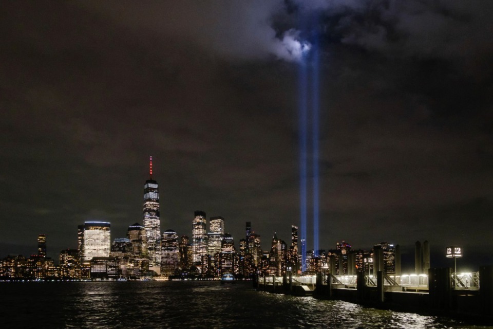 <strong>Twin beams of light commemorating the fallen twin towers of the World Trade Center are tested Wednesday night, Sept. 7, 2022, in New York City in advance of the 21st annual memorial of the Sept. 11 attacks.</strong> (AP Photo/J. David Ake)