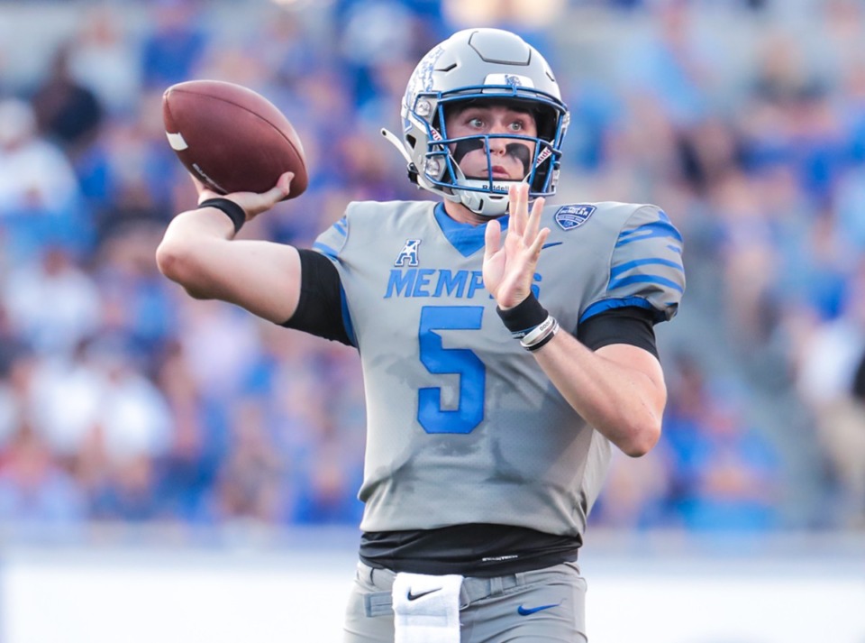 <strong>University of Memphis quarterback Seth Henigan (5)&nbsp;</strong><strong>throws the ball during a Sept. 17, 2022 game against Arkansas State University at Simmons Bank Liberty Stadium.</strong> (Patrick Lantrip/The Daily Memphian)