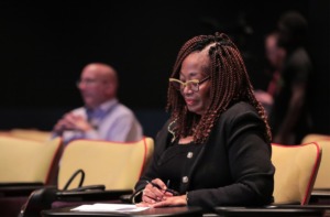 <strong>Greater Memphis Chamber president and CEO Beverly Robertson takes notes before speaking at the Musculoskeletal New Ventures Conference at the FedEx Institute of Technology Sept. 20, 2022.</strong> (Patrick Lantrip/Daily Memphian)