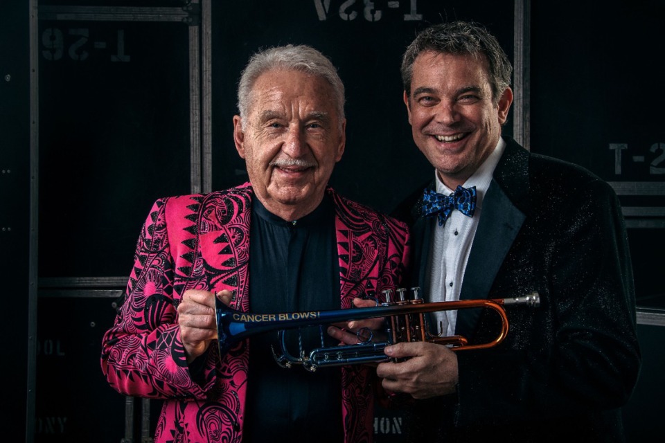 <strong>Doc Severinsen (left) with Ryan Anthony at the 2017 Cancer Blows event in Dallas.&nbsp;Severinsen is a retired jazz trumpeter who led the NBC Orchestra on The Tonight Show with Johnny Carson for three decades. </strong>(Courtesy The Ryan Anthony Foundation)