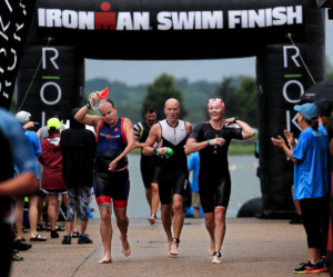 <strong>Three athletes emerge from the water after the first leg of last year&rsquo;s St. Jude Ironman 70.3 Memphis race. This year&rsquo;s race is scheduled for Saturday, Oct. 1. The race begins and ends at Shelby Farms. </strong>(Patrick Lantrip/Daily Memphian file)