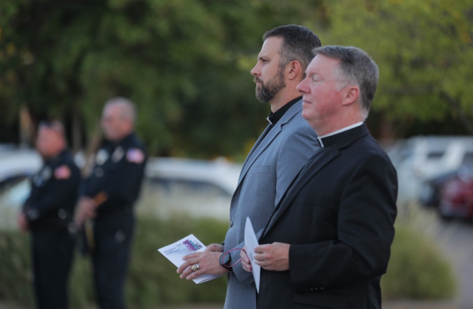 <strong>Pastor Clayton Sellers watches a vigil at Collierville Town Hall on Sept. 23, marking the one-year anniversary of the mass shooting at a Collierville Kroger.</strong> (Patrick Lantrip/The Daily Memphian)