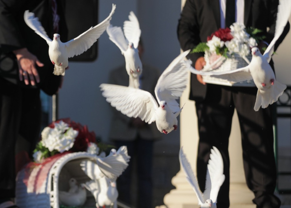<strong>Doves are released during the vigil at Collierville Town Hall on Sept. 23, 2022.</strong> (Patrick Lantrip/The Daily Memphian)