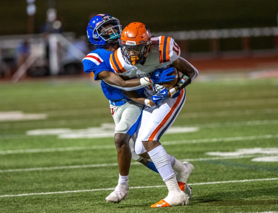 <strong>Ridgeway receiver Kadarius Williams tries to turn upfield after a reception Sept. 23 at MUS.&nbsp;</strong>(Greg Campbell/Special to The Daily Memphian)