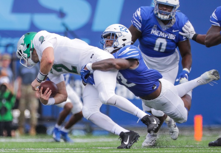 University of Memphis lineman Jaylon Allen (22) sacks the University of North Texas quarterback during a Sept. 24, 2022 game at Simmons Bank Liberty Stadum. (Patrick Lantrip/The Daily Memphian)