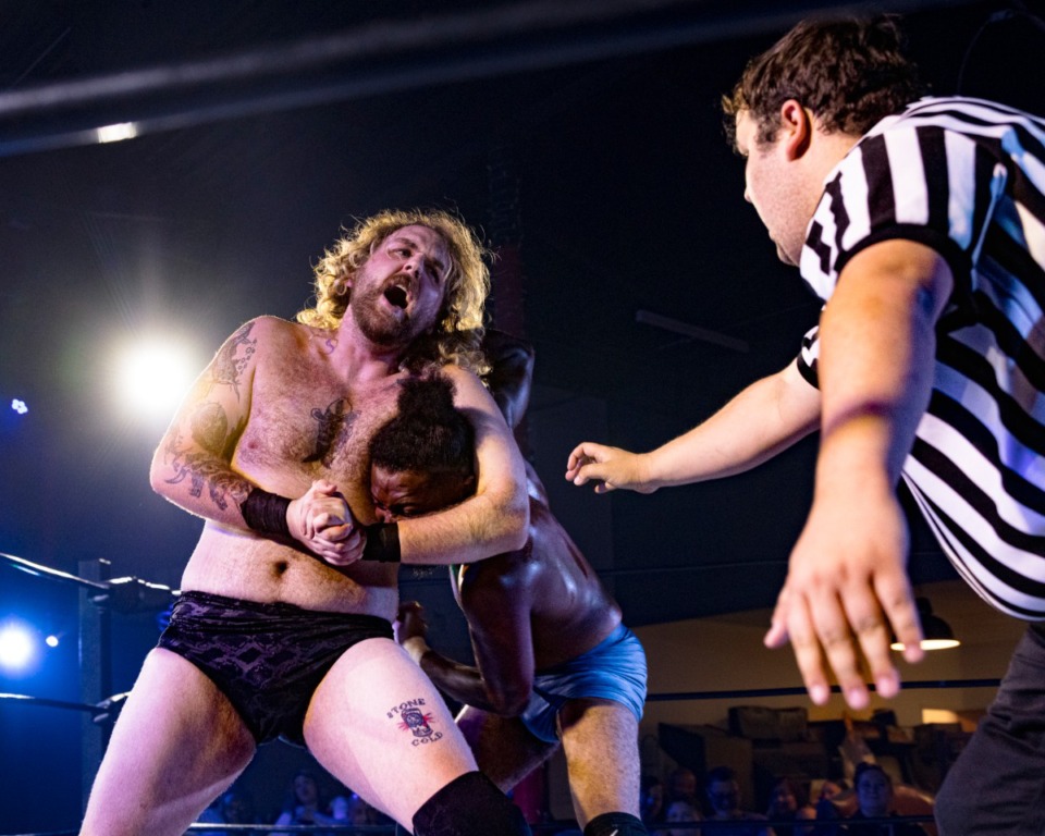 <strong>901 Wrestlers (left to right), Big Dave and Kevin Bless compete in front of an audience at Black Lodge in Crosstown on Saturday, Sept. 3, 2022.</strong> (Ziggy Mack/Special to The Daily Memphian)
