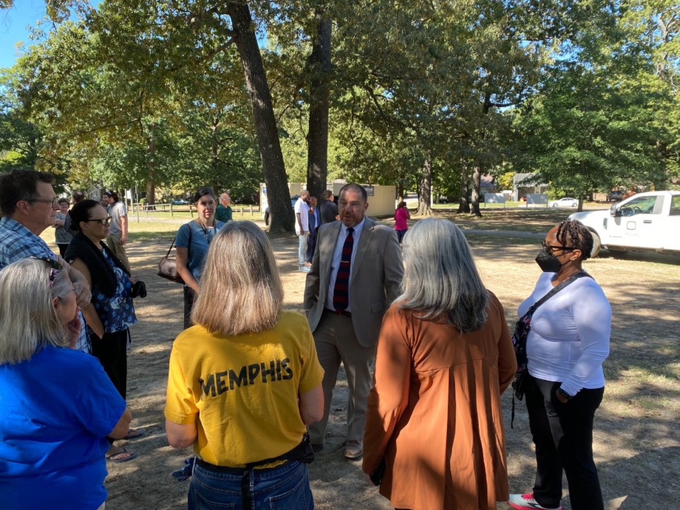 <strong>Memphis Parks director Nick Walker met with Audubon Park neighborhood leaders and park users after the Monday, Sept. 26, groundbreaking for the $2.6 million improvement plan for the city park.</strong> (Bill Dries/The Daily Memphian)&nbsp;