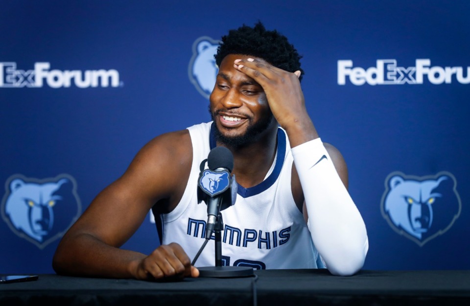 <strong>Memphis Grizzlies forward Jaren Jackson Jr. takes the mic during the team&rsquo;s media day on Monday, Sept. 26, 2022.</strong> (Mark Weber/The Daily Memphian)