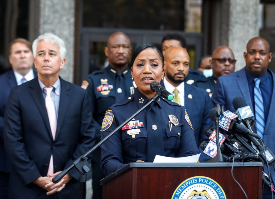 <strong>Memphis Police Department Director Cerelyn "C.J." Davis (middle) leads a joint press conference discussing the case of Cleotha Abston who is charged with kidnapping and murdering jogger Eliza Fletcher. She&nbsp;has been updating the council on changes she has made in MPD operations since taking the job more than a year ago.</strong>&nbsp;(Mark Weber/The Daily Memphian file)