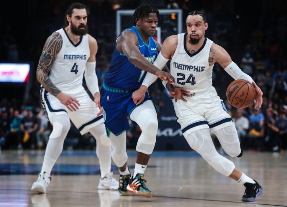 <strong>Memphis Grizzlies guard Dillon Brooks (24) bring the ball up the court during an Apr. 16, 2022 playoff game against the Minnesota Timberwolves.</strong> (Patrick Lantrip/The Daily Memphian file)