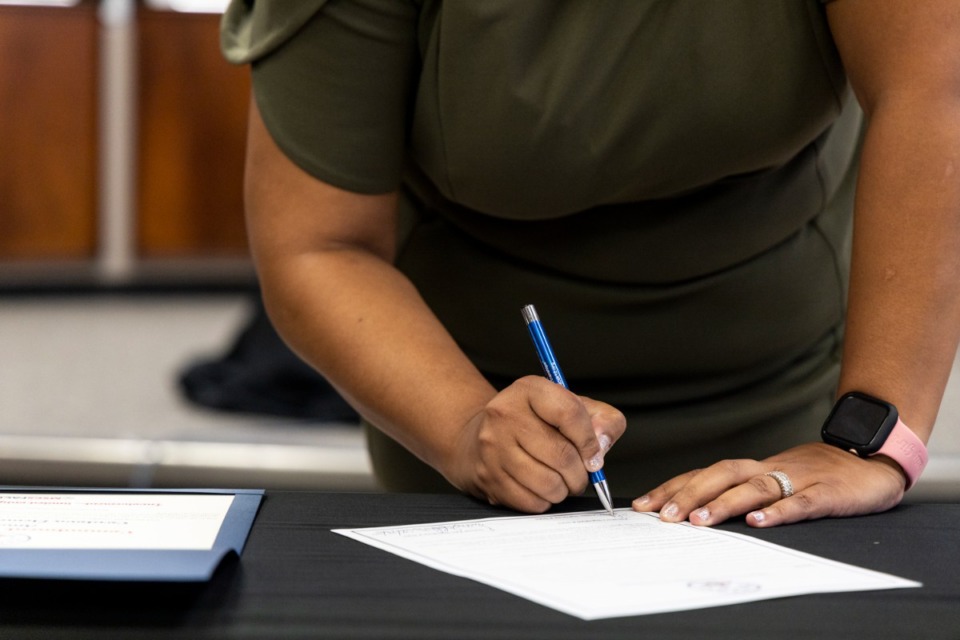 <strong>The official Memoranda of Understanding are signed during the Memphis-Shelby County Schools and Amazon School partnership ceremony on Wednesday.</strong> (Brad Vest/Special to The Daily Memphian
