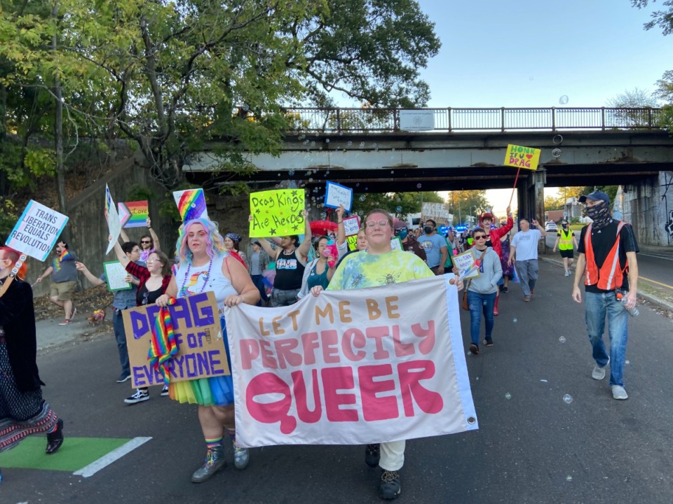 <strong>Protesters march down Cooper Street for LGBTQ rights on Sept. 30.</strong> (Joshua Carlucci/The Daily Memphian)