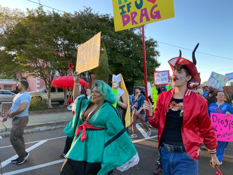 <strong>A colorful group of protesters march down Cooper Street on Sept. 30.</strong> (Joshua Carlucci/The Daily Memphian)