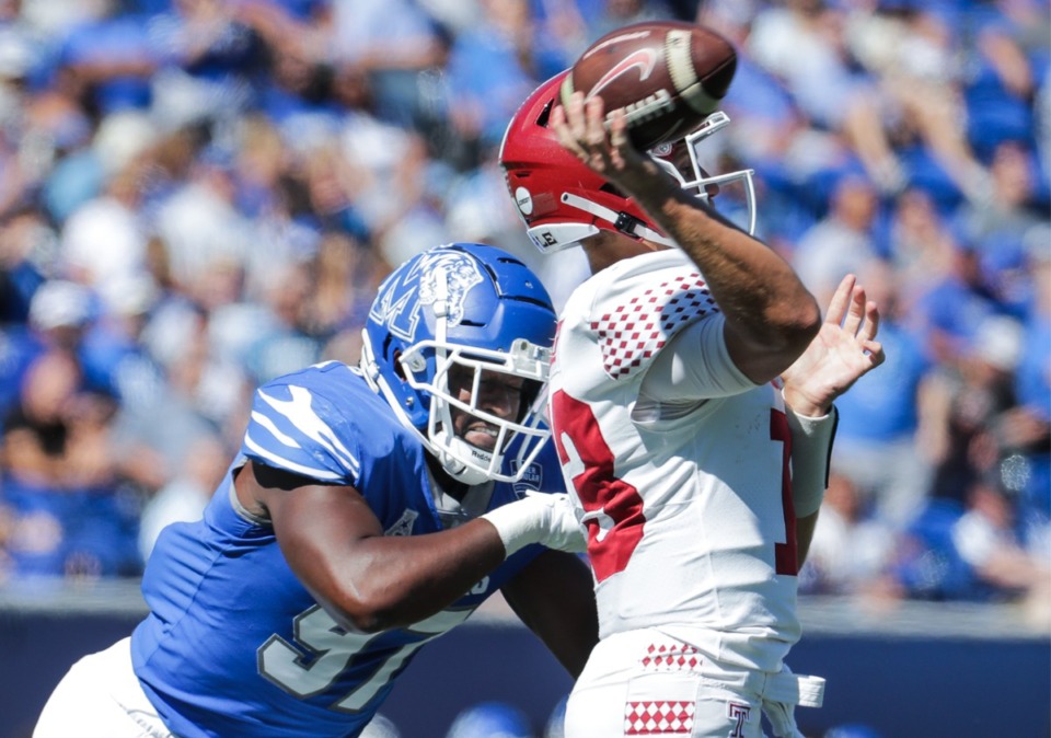 <strong>University of Memphis lineman Wardalis Duckworth (97) rushes the quarterback during an Oct. 1, 2022 game against Temple.</strong> (Patrick Lantrip/The Daily Memphian)