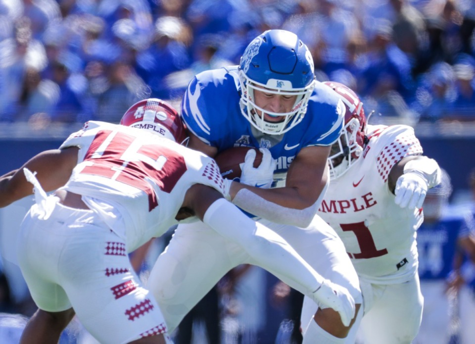<strong>Tight end Caden Prieskorn (86) gets dragged down during a Oct. 1, 2022 game against Temple.</strong> (Patrick Lantrip/Daily Memphian)